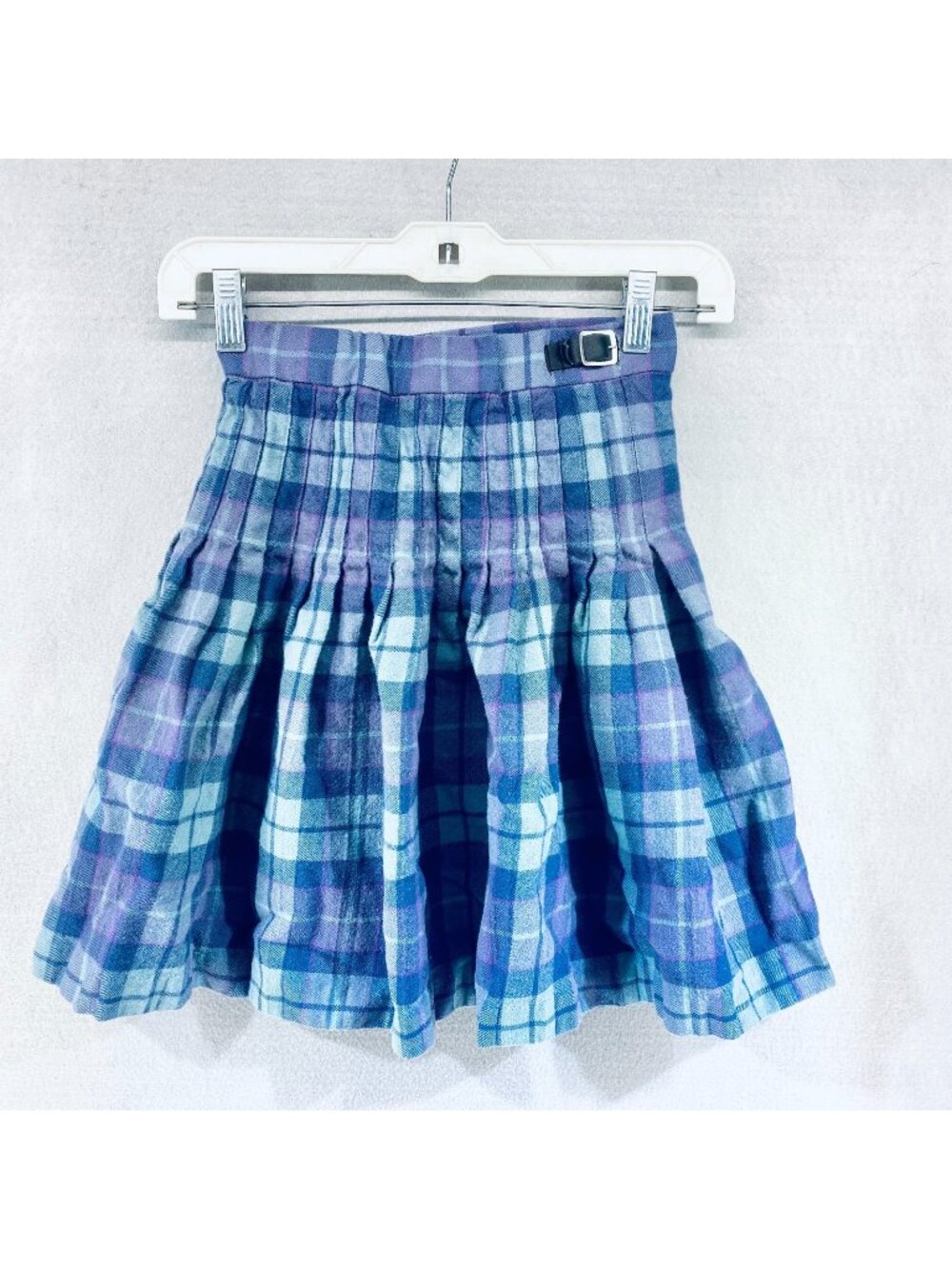 Scottish Wool Skirt Girls Youth 7-8 Blue Plaid Wrap Pleated Mini School
